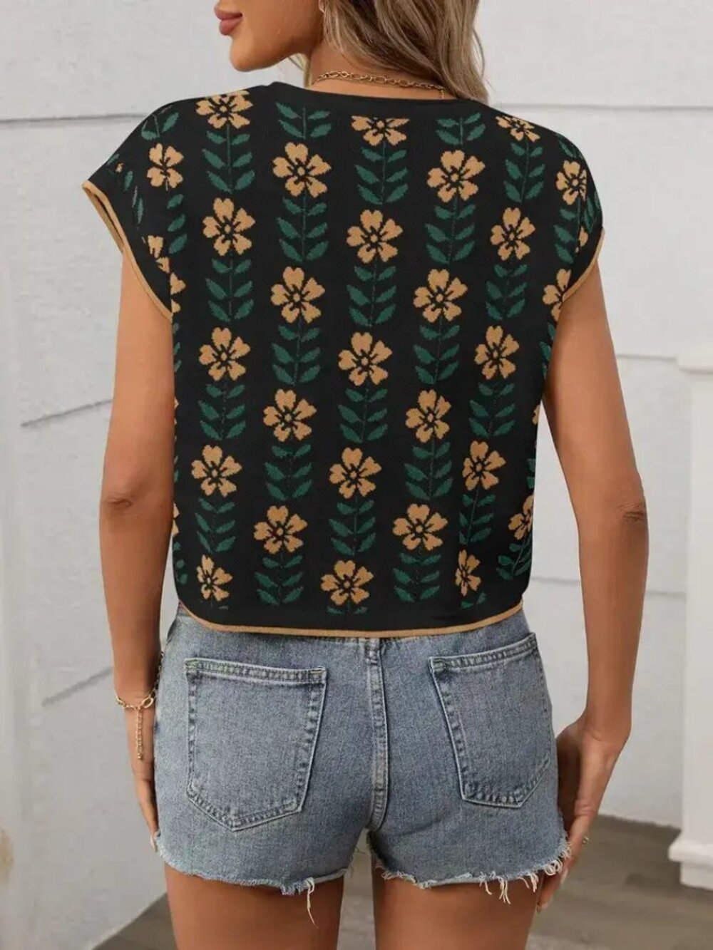 Boutique Boho Floral Knit Cap Sleeve Transitional Sweater Top | Black - Picture 3 of 4